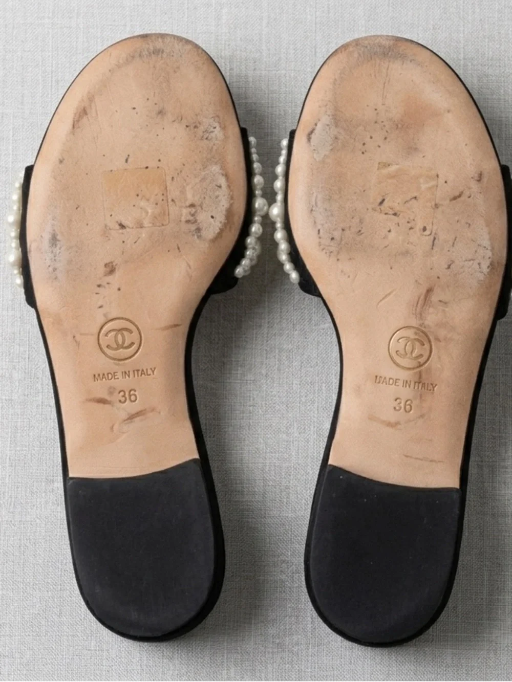Authentic Chanel Interlocking CC Pearl Strand Slides